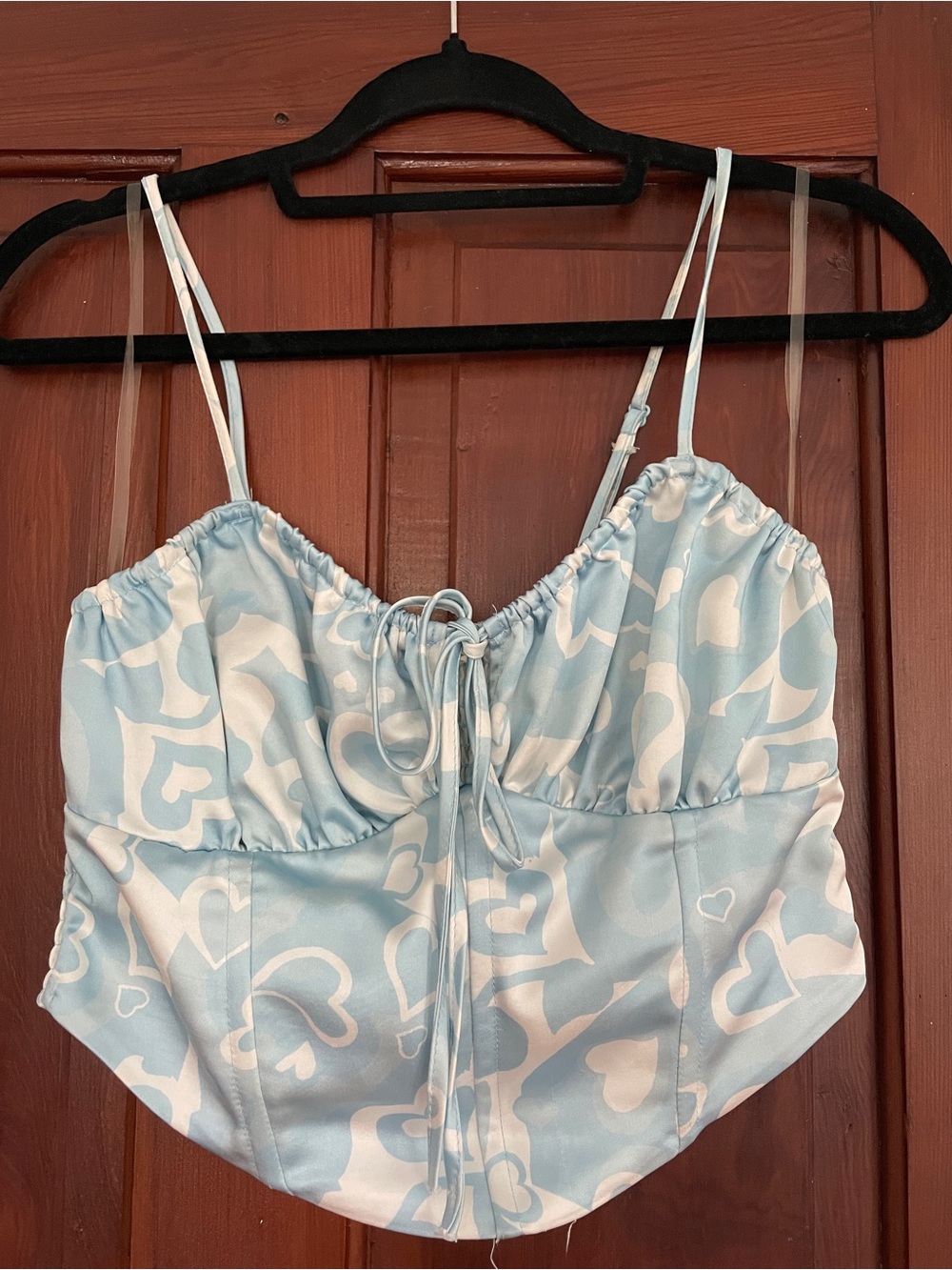 La Hearts Light Blue Satin Heart-Print Crop Cami